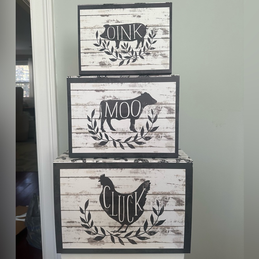 Set of 3 nesting farmhouse boxes Cluck, Moo, Oink.